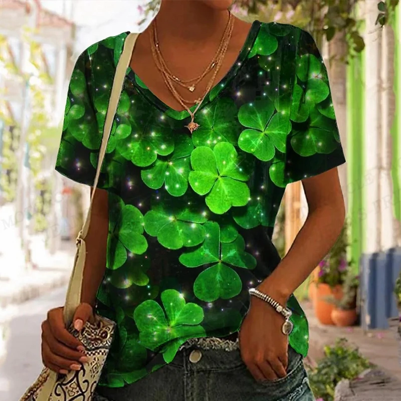 Damska Koszulka Koniczyna 3D T-Shirt Z Nadrukiem Kobiety Moda Koszulki Z Dekoltem W Szpic Z Krótkim Rękawem Topy Koszulki Dzień Świętego Patryka Topy 