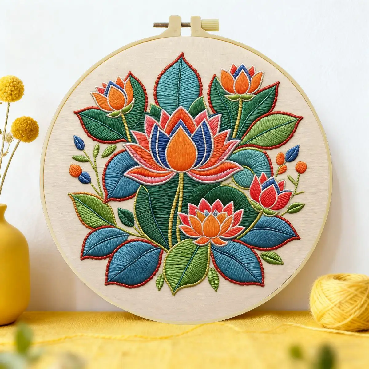 1 Stück 20X20CM/15X15CM 7,87/6,3 Zoll Lotusblumen-Stickerei-Starter-Kit DIY-Kit DIY-Stickerei-Set Handarbeiten Heimdekoration