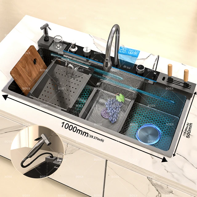 อ่างล้างจานสแตนเลสแบบน้ำตก อ่างล้างจานขนาดใหญ่พิเศษแบบช่องเดียว พร้อมชุดก๊อกน้ำแบบดิจิตอลสำหรับห้องครัว 1 อ่างล้างจานสแตนเลสแบบน้ำตก อ่างล้างจานขนาดใหญ่พิเศษแบบช่องเดียว พร้อมชุดก๊อกน้ำแบบดิจิตอลสำหรับห้องครัว 1