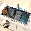 100x50cm Kitchen Sink Stainless Steel Waterfall Sinks Extra Large Single Slot Digital Display Faucet Set Cup Washer 1