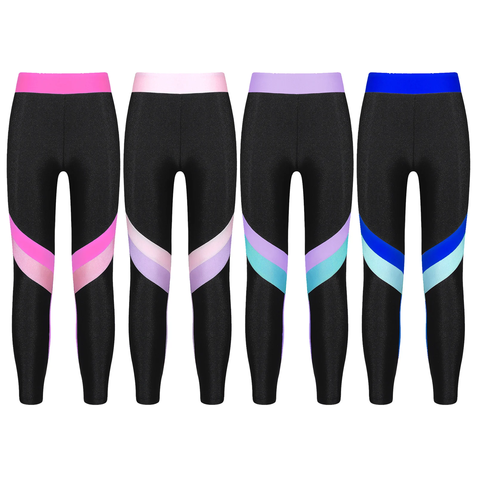 Kids Girls Yoga Gymnastics Leggings Pants Colorblock Elastic Skinny Sport Pants Children Dancing Workout Running Bottom Trousers