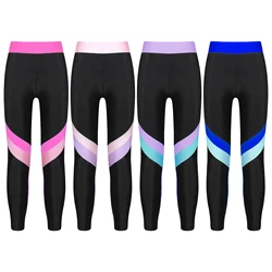 Kids Girls Yoga Gymnastics Leggings Pants Colorblock Elastic Skinny Sport Pants Children Dancing Workout Running Bottom Trousers
