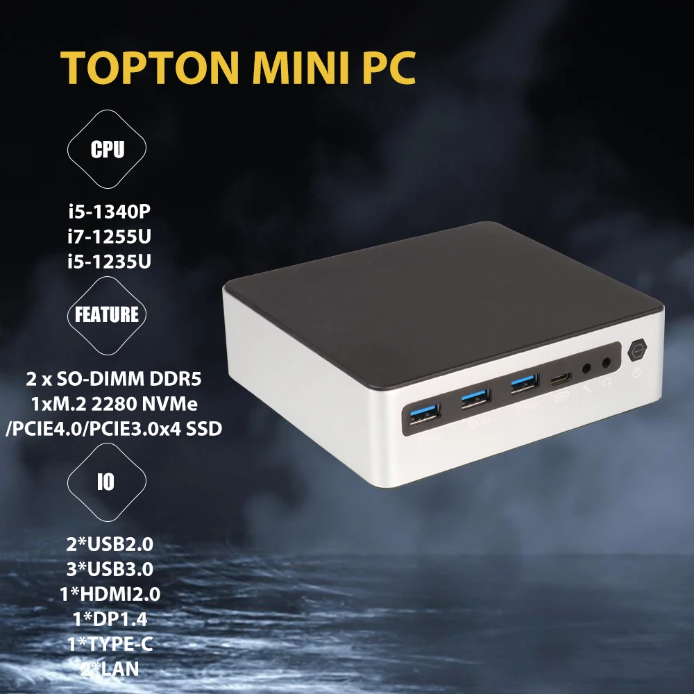 Topton Pocket Mini Pc I5 1340P I7 1255U 2 Xddr5 Nvme Ssd Windows 11 Pro Nuc Mini Pc Da Gioco Computer Portatile 3X4K Htpc Wifi6