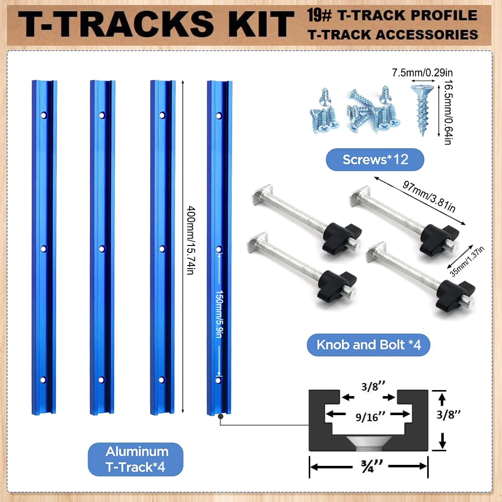 Woodworking 19# T-track Kit and Accessories Aluminum T-tracks Slot Miter Track for Router Table Workbench DIY Crosscut Sled Tool 2