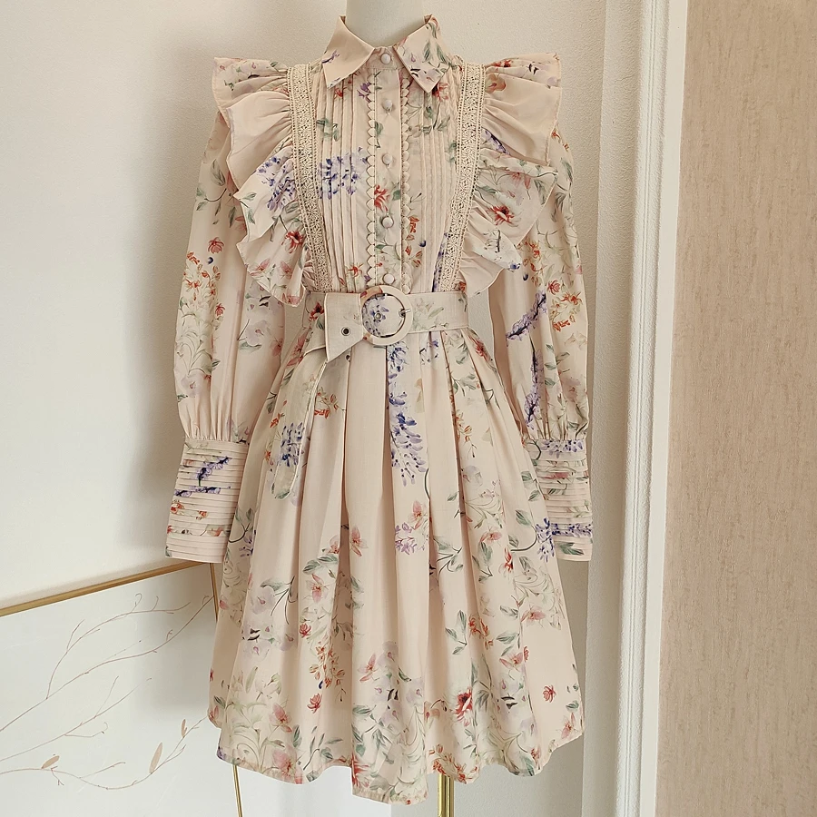 

Heavy Industry Ruffles Embroidery Hook Flower Print Lapel Panel Slim A-line Shirt Dress Woman Sweet Elegant Belt Party Dresses