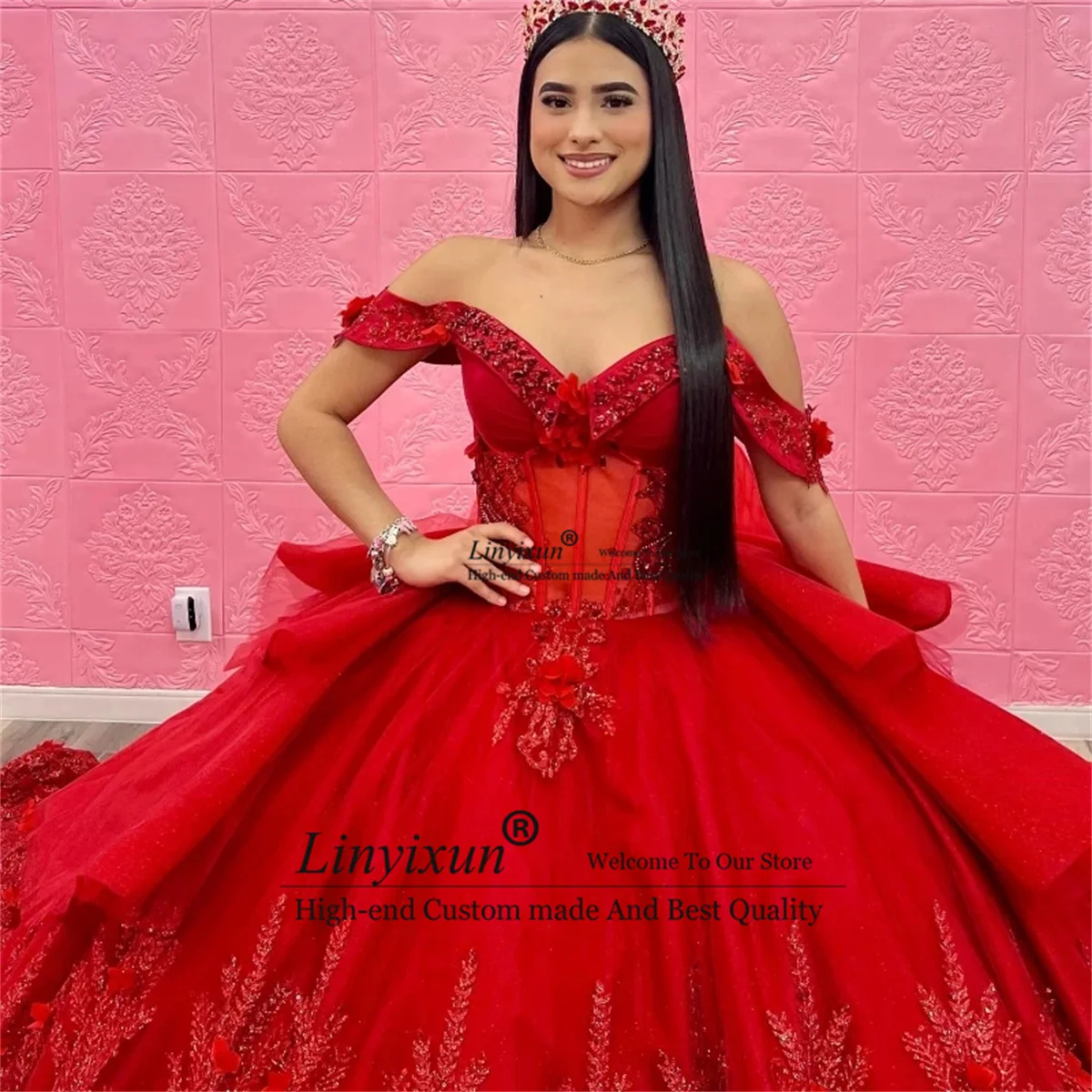 Red Sparkly Sequins Lace Quincenara Dresses Custiomized Luxury Beaded Ball Gown Sweet 16 Gown Off Shoulder Vestidos De XV15 A&ntilde;os