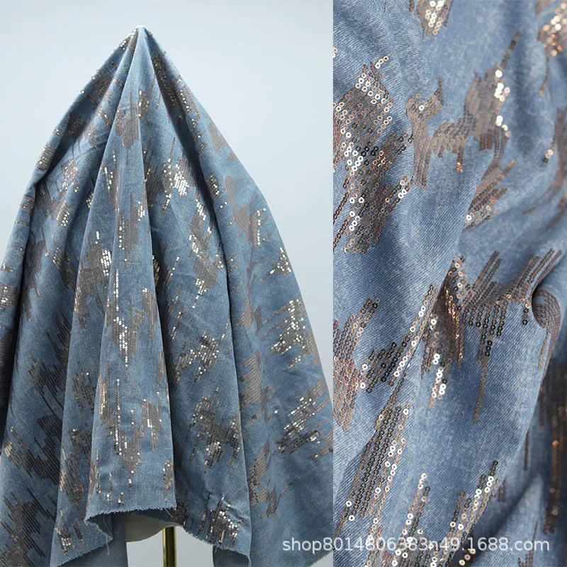 Washed Denim Fabric Embroidered Champagne Bead Dress Clothing Material for Dresses Coats Pants Children's Accessories And Baby C