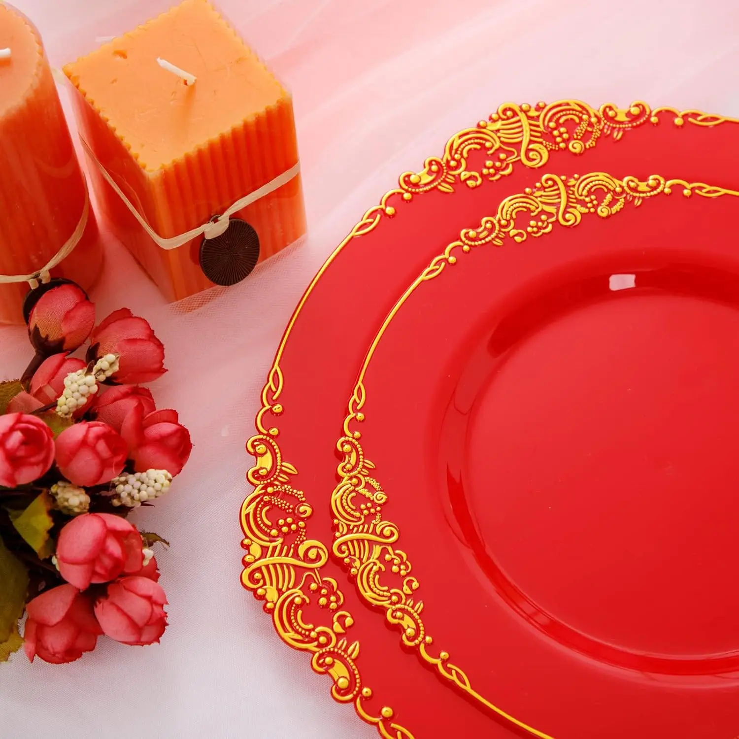 175PCS Red Plastic Plates,Red Disposable Plates With Gold Rim,Red and Gold Plastic Dinnerware Set Includes: 50 Plates NEW USA