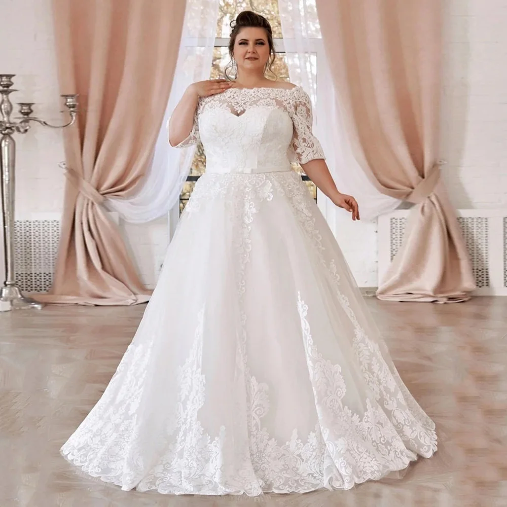 Robe De mariée classique à manches mi-longues, grande taille, personnalisé, col bateau, traîne à balayage appliqué, Corset De ligne A