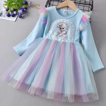 Elsa Princess Dress Girls Dress Spring and Autumn Dress 2021 New Long-sleeved Children's Western Style Elsa Frozen Dress 2
