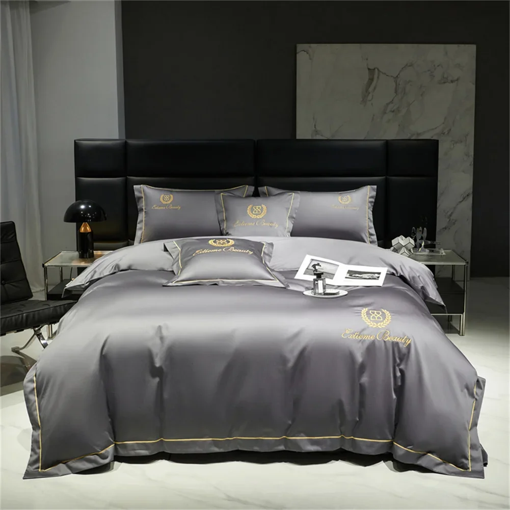 Svetanya family Embroidery Egyptian Cotton Bedding Set 4pcs King Queen Size Solid Sheet Duvet Cover Pillowcase Bed Linens