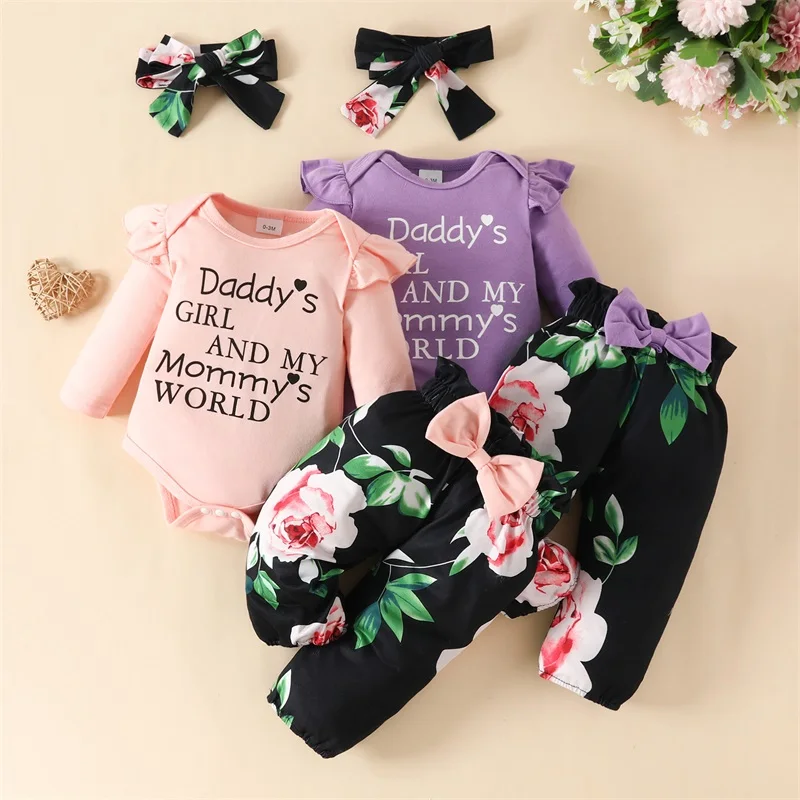 

Listenwind 0-2Y Baby Girls Fall Outfit Long Sleeve Letters Print Romper with Flower Print Pants and Headband Clothing Set