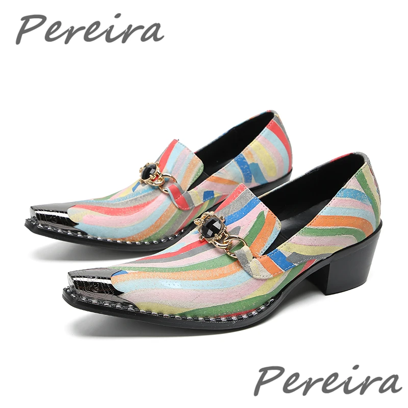 Fashion Genuine Leather Men's Shoes Colorful Stripe Rhinestone Men High Heels Metal Toe Mixed Colors Slip-On Formal Dress Shoes
