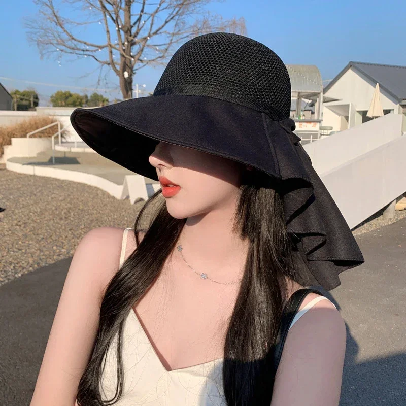 Summer Women Bucket Hat With Shawl Lightweight Breathable Mesh Face Neck Protection Sun Hat Bow Pleat Beach Cap Design Travel