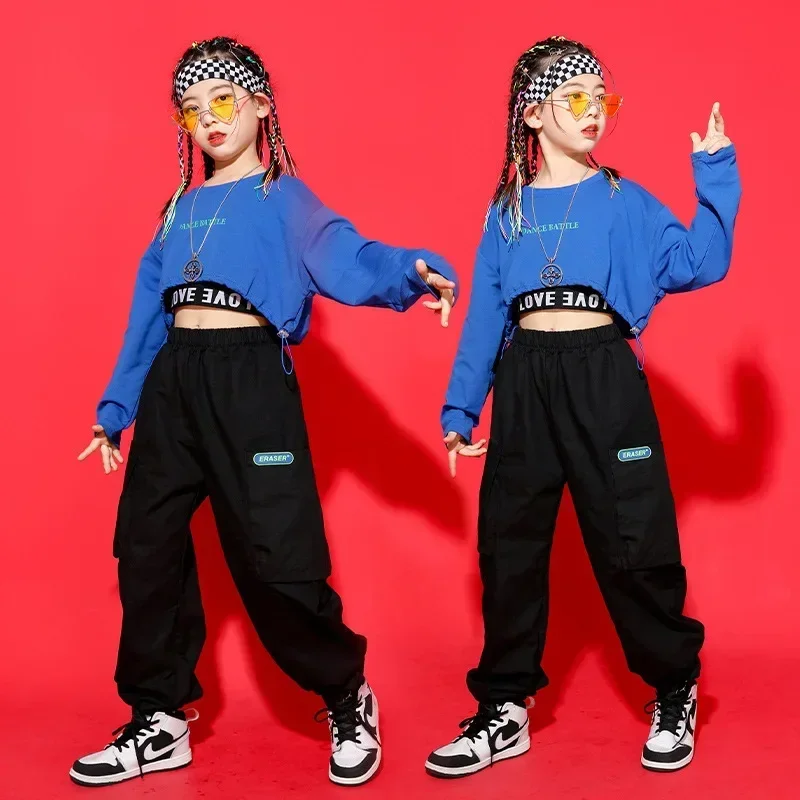 Blue Crop Top Long Sleeve T Shirt Streetwear Cargo Jogger Pants for Girl Jazz Dance Costume Clothes Kid Kpop Hip Hop Clothing