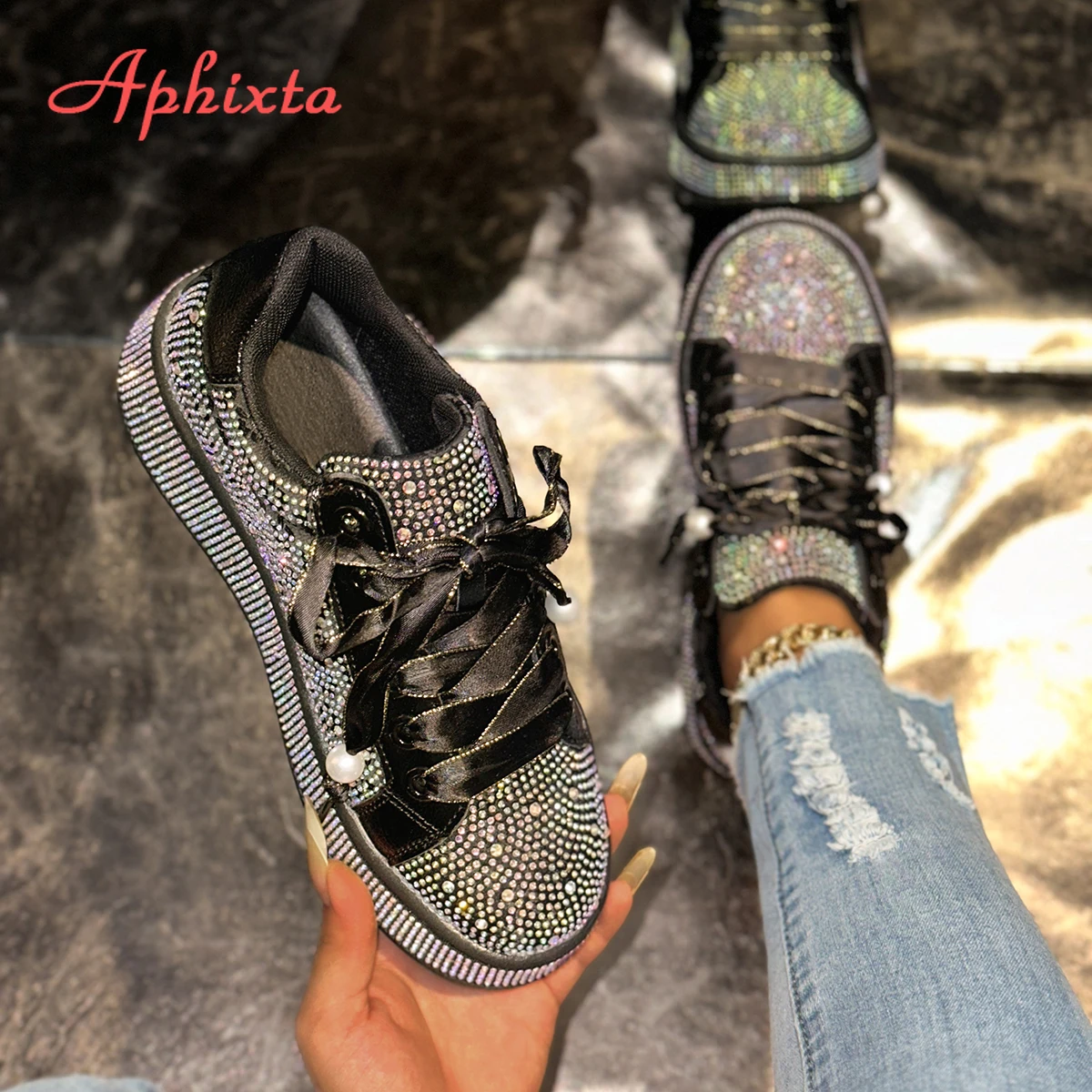 Aphixta Sequined Cloth 3.5cm Platform Custom Casual Shoes Luxury Crystal High Quality Woman Shoes Fashion Ladies Footwear Size43