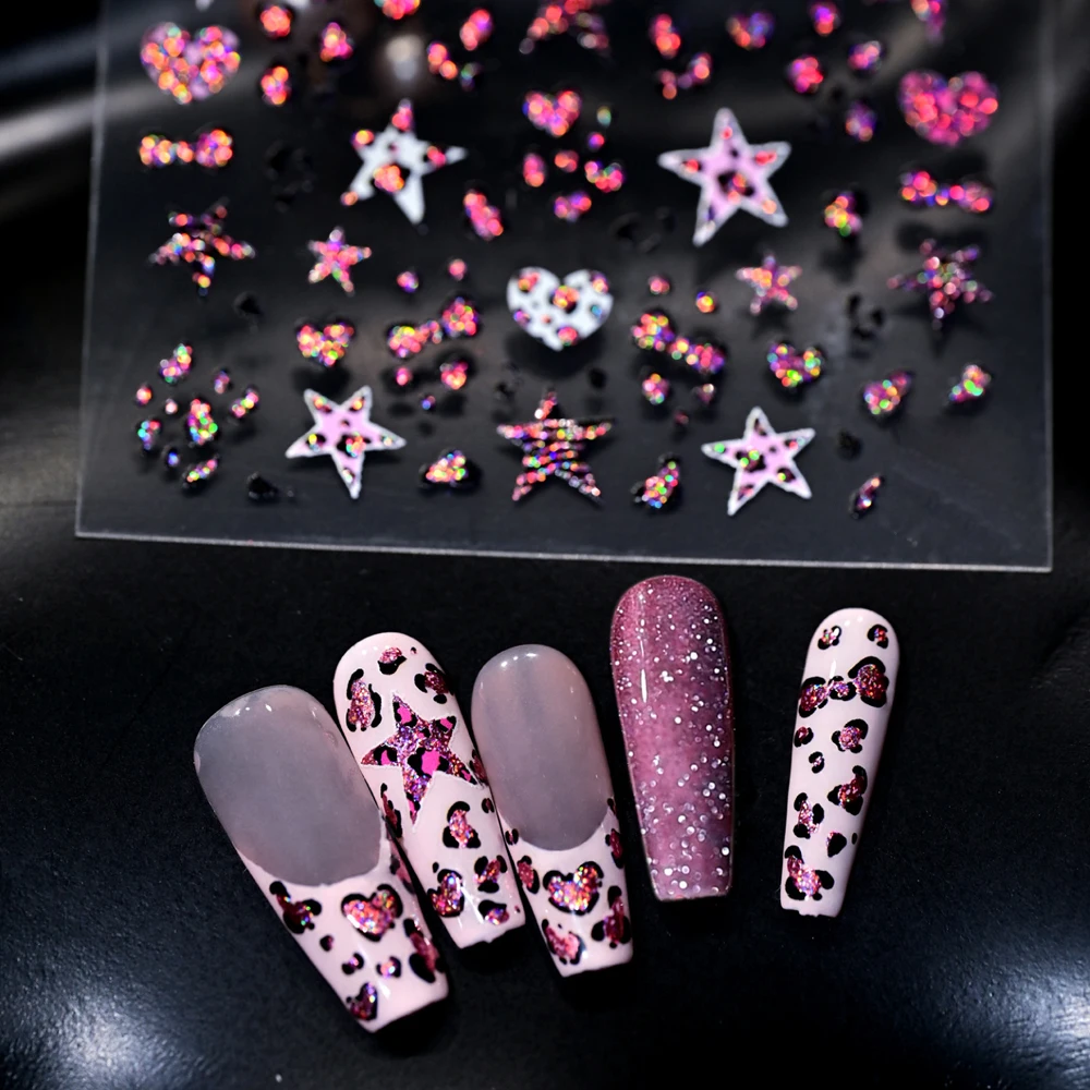 1Pcs Rosa Glitter Leopard Print Liebe Bogen Nagel Aufkleber 5D Gelee Laser Stern Herz Bowknot Leopard Nail art Aufkleber y2k Sexy Nagel Dezember – Detail 1