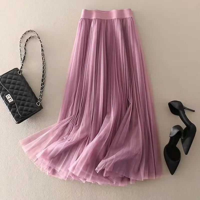 Summer Solid Color Pleated Mesh Skirt Women Classic High Waisted Shirring Slim Temperament Casual Korean Lady Midi Skirt