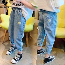 

New 2022 Kids Fashion Jeans Long Trousers Pants Girls Classic Denim Flower Embroidery Pants Baby Jeans Spring Autumn Jeans