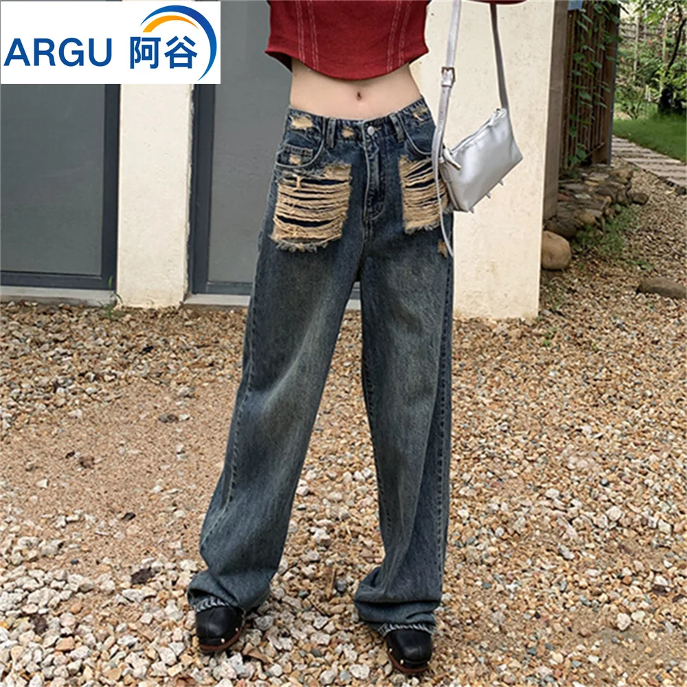 

Vintage ripped straight leg women jeans 2023 high waist loose showing thin Haren pants wide leg cargo pants korean fashion