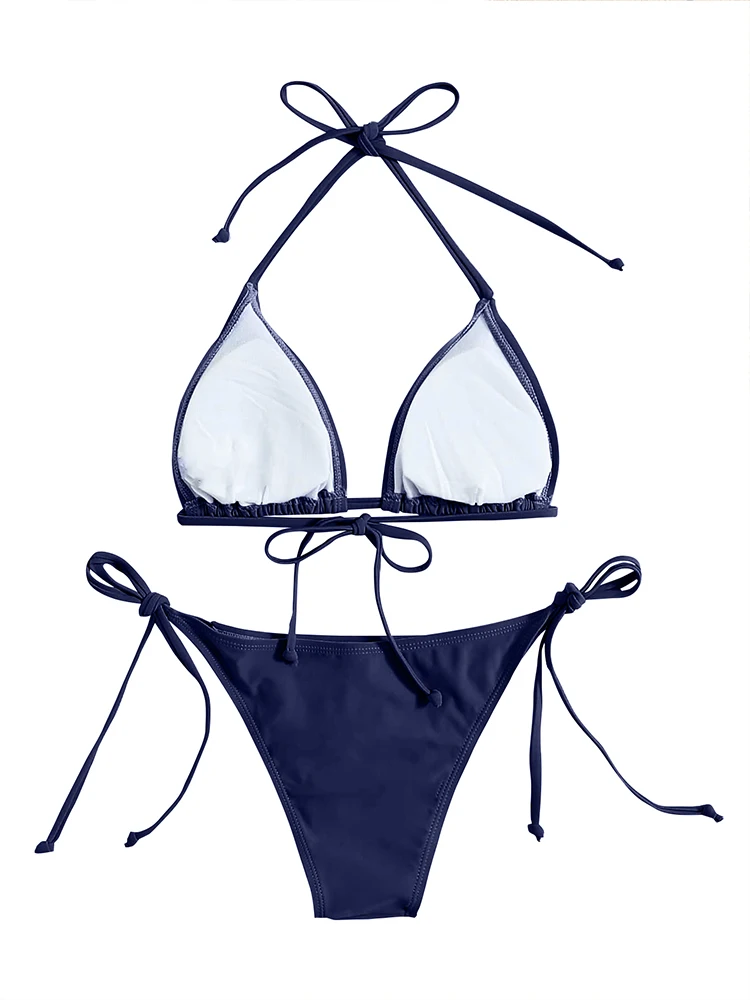 Swimwear Thong Bikini Set Woman Sexy Bathing Suits Navy Blue Triangle Bandage Beachwear
