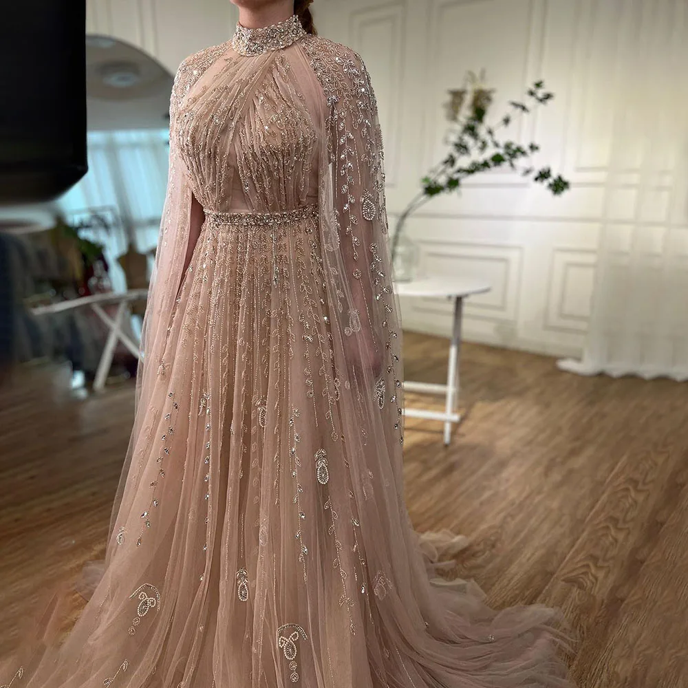 Serene Hill Dubai Arabic Luxury Nude A Line Beaded Evening Dresses With Cape Sleeves Gowns For Women  Wedding Party 2023 LA71803