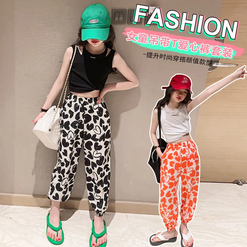 

Teen Girls Clothes Summer Sports Outfits Printed Love Thin Casual Pants Slim Vest Top Loose Sweatpants Suit 3-14T Children's Set