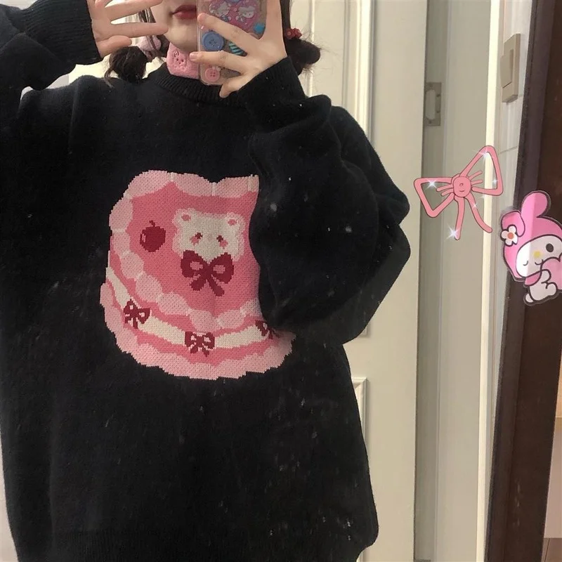 

Korean Style Cute Cartoon Print Knitted Sweater Women Preppy Fashion Pink Long Sleeve Oversize Jumper Pullover