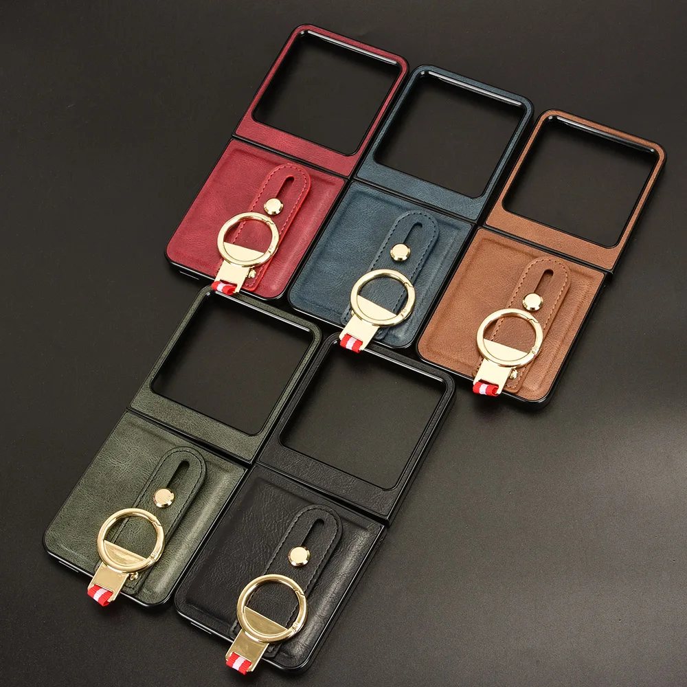 Luxury Leather Anti-Slip Flip Phone Case with Wrist Strap and Finger Ring Back Cover