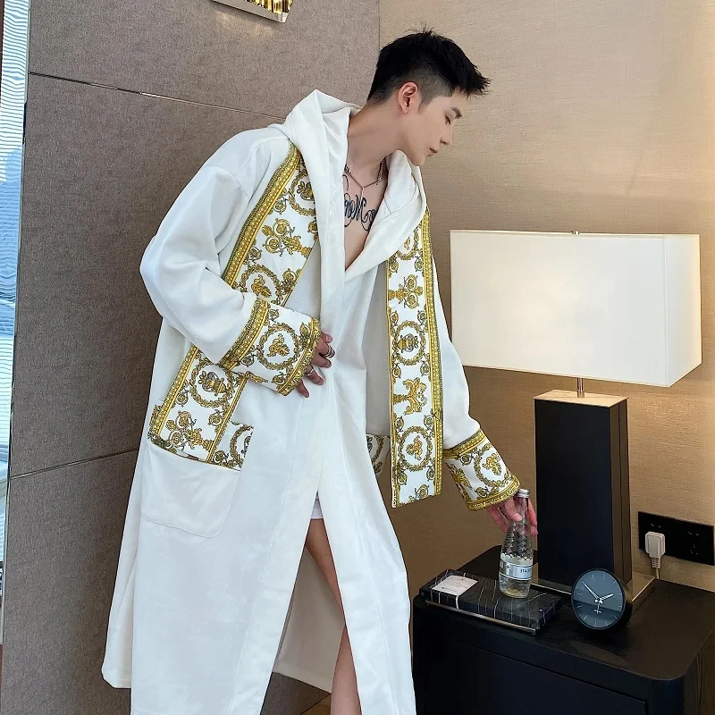 Cardigan Coat Men Loose Long Hooded Velvet Nightgown Robes Belted For LUZHEN
