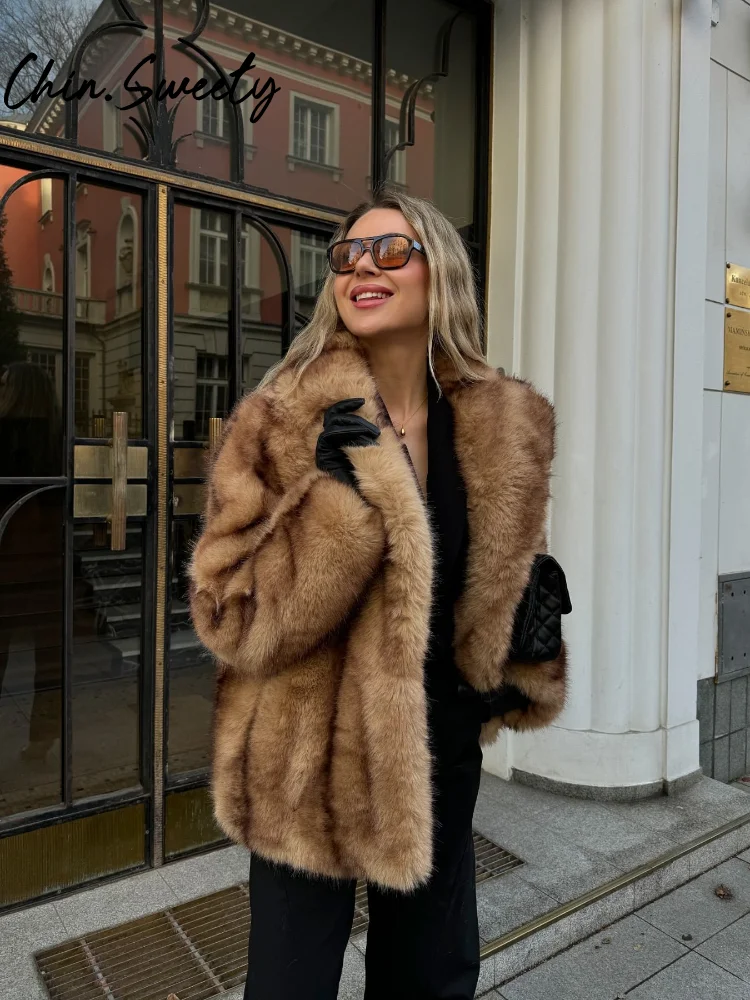 Street Faux Fur Women Coat Urban Full Sleeve Lapel Panelled Pocket Female Outwear 2024 Autumn Winter Elegant Lady Outwear 3