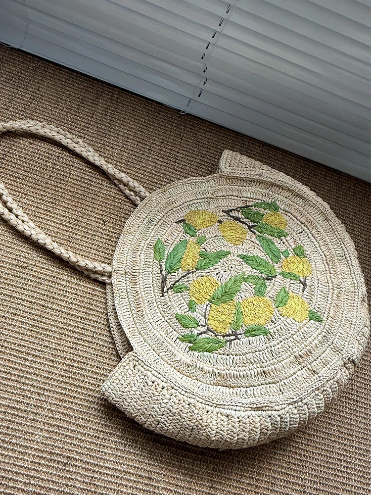 Fashion Lafite Lemon Pattern Straw Women Handbags Round Woven Hand Bags Handmade Summer Beach Bag Large Tote Purses