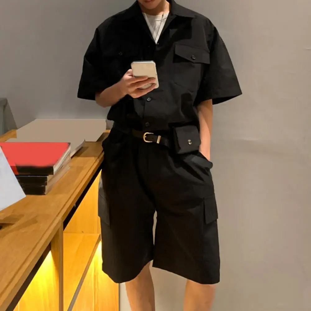 Male Fashion Leather Belt Bag Cargo Overalls Streetwear Jumpsuits For Men Women