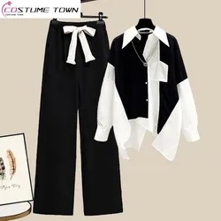2023 Spring and Autumn Fashion Casual Women's Suit New Age Reducing Wide Leg Pants+patchwork Shirt Top Two-piece Set