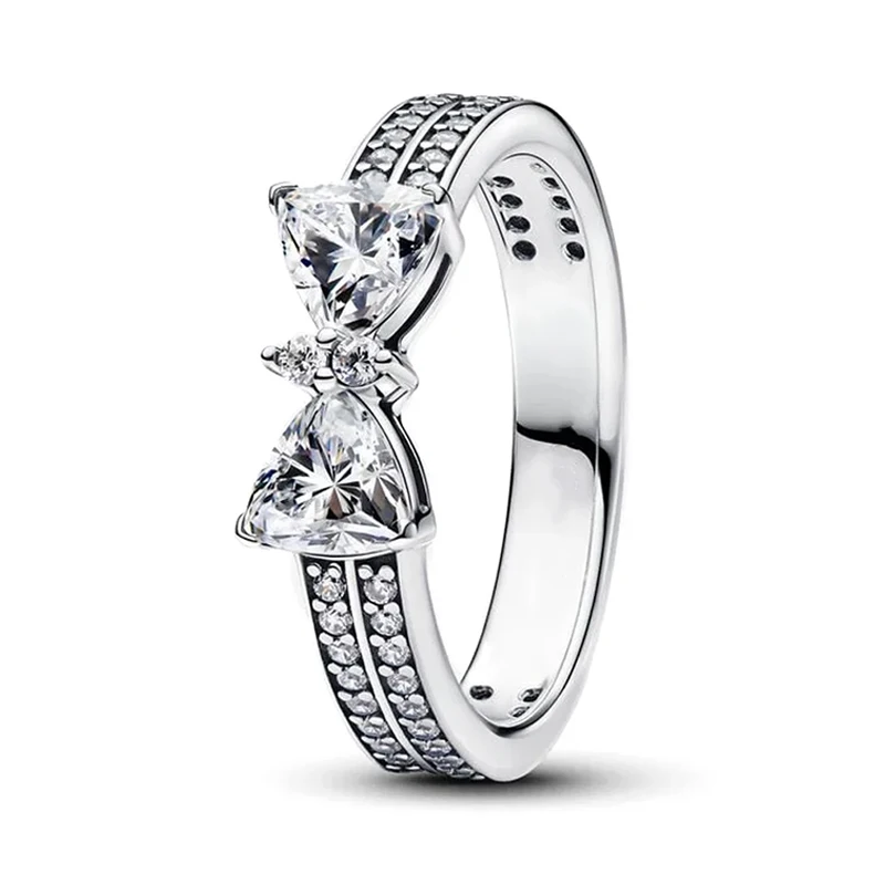 Silver Ring 925 Sterling Silver Red Pink Ring Heart Bow Sun Moon Colorful Crystal For Women Valentine's Birthday Gift DIY Jewelry