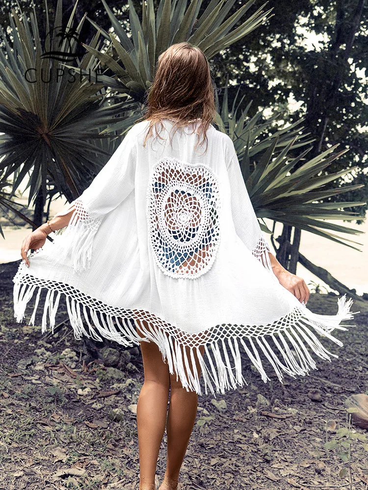 Cupshe White Tassel Crochet Bikini Cover Up Sexy Back Cut Out Kimono
