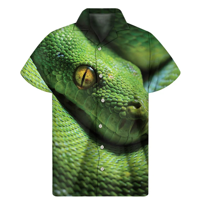 thumbnail image 1 of Camisas hawaianas con estampado 3D de serpiente para hombre, camisas de verano con solapa y botones, holgadas y con personalidad, de manga corta, 1 of 5