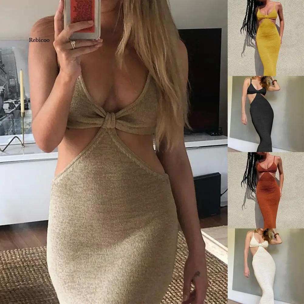 

New Sexy Women Dress Solid Color Cutout Spaghetti Straps Backless Cotton Bodycon Maxi Dress for Banquet