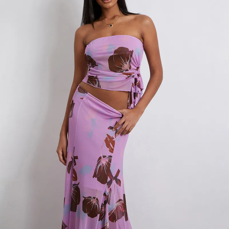 

WPNAKS Women 2 Piece Skirt Sets Summer Clothes Vintage Floral Drawstring Tube Tops and Long Skirt Set Sexy Club Holiday Wear