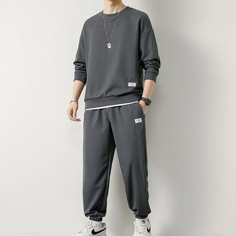 Autumn Winter Round Neck Waffle Loose Casual Sweatshirt Elastic Waist Sweatpants Suit Male Solid Color Pants Set Men's Clothing
