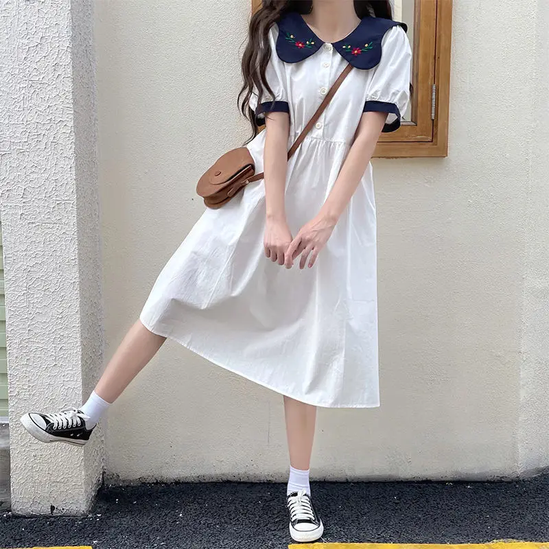 

S-XL White Women's Doll Collar Short Sleeve Embroidered Dress Summer New Japanese Sweet Fresh Preppy Dress Casual Long Vestidos
