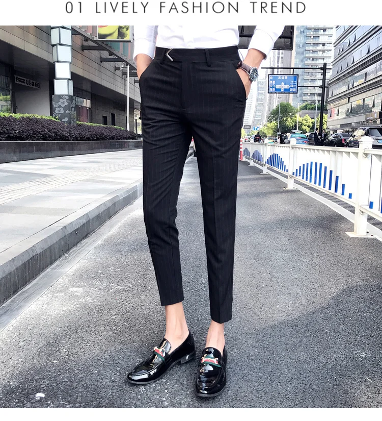 black blazer for men Style British Suit Pants Men Dress Pants Social Slim Fit Office Trousers Men Grey 2022 Spring New Striped Belt Trousers Men's casual blazer