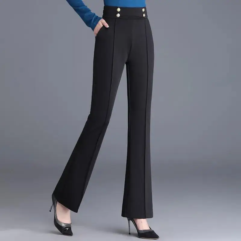 2023 Autumn and Winter Women's High Waist Patchwork Button Pockets Slim Solid Color Fashion Casual Elegant Commuter Horn Pants