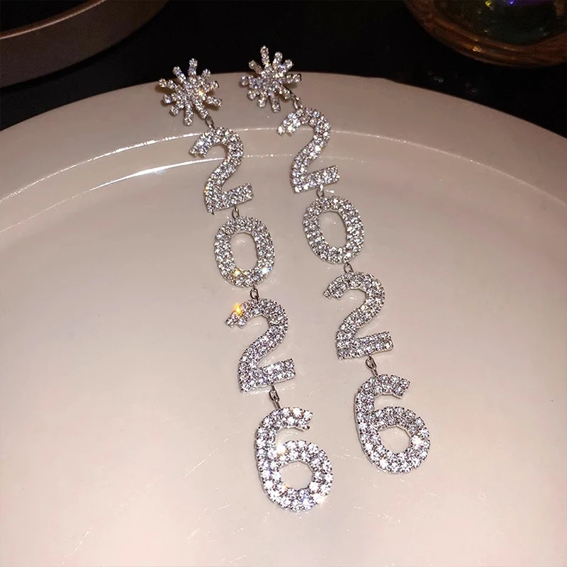 New Rhinestone Snowflake 2026 Pendant Long Drop Earrings for Women Crystal Geometric Tassel Number Dangle Earrings New Year Gift