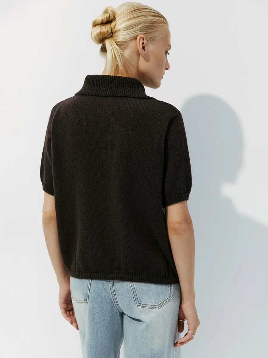 Wolfeel Summer Polo Collar Hollow Knit Bubble Sleeve Women's T-Shirt