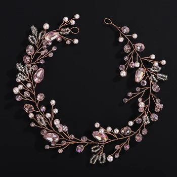 Trendy Pink Crystal Pearl Headband for Bridal Headpiece Women Brides Handmade Wedding Headdress Party Hair Jewelry Accessories