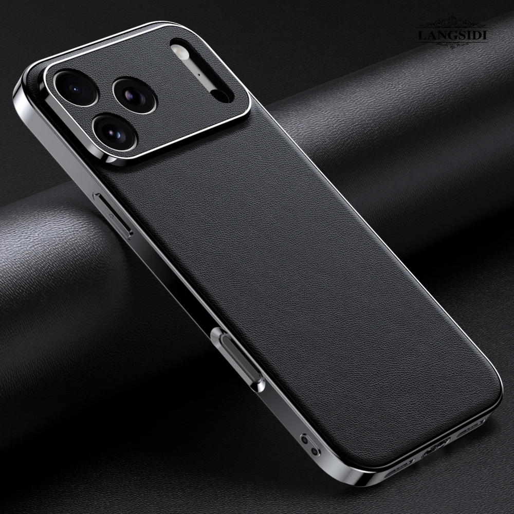 Luxury Genuine Cowhide Leather Phone Case with Full Lens Protection and Elegant Plating Design