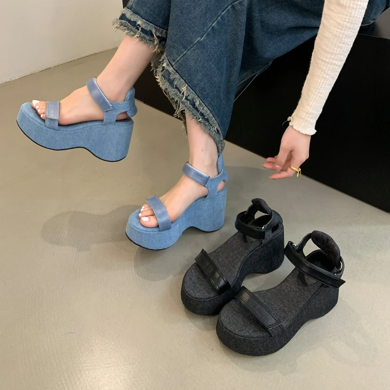 Blue Platform Wedges Sandals Black Denim Chunky Wedges Summer Punk