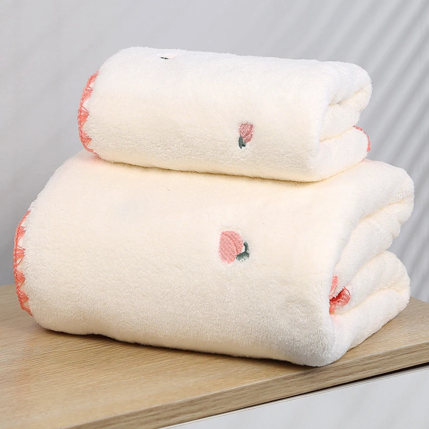 Soft Coral Fleece Towels Set Peach Bear Cherry Embroidered Face Bath Towel for Bathroom Kids Adults Super Absorbent Hand Towels bath towels cotton towel cotton face towels