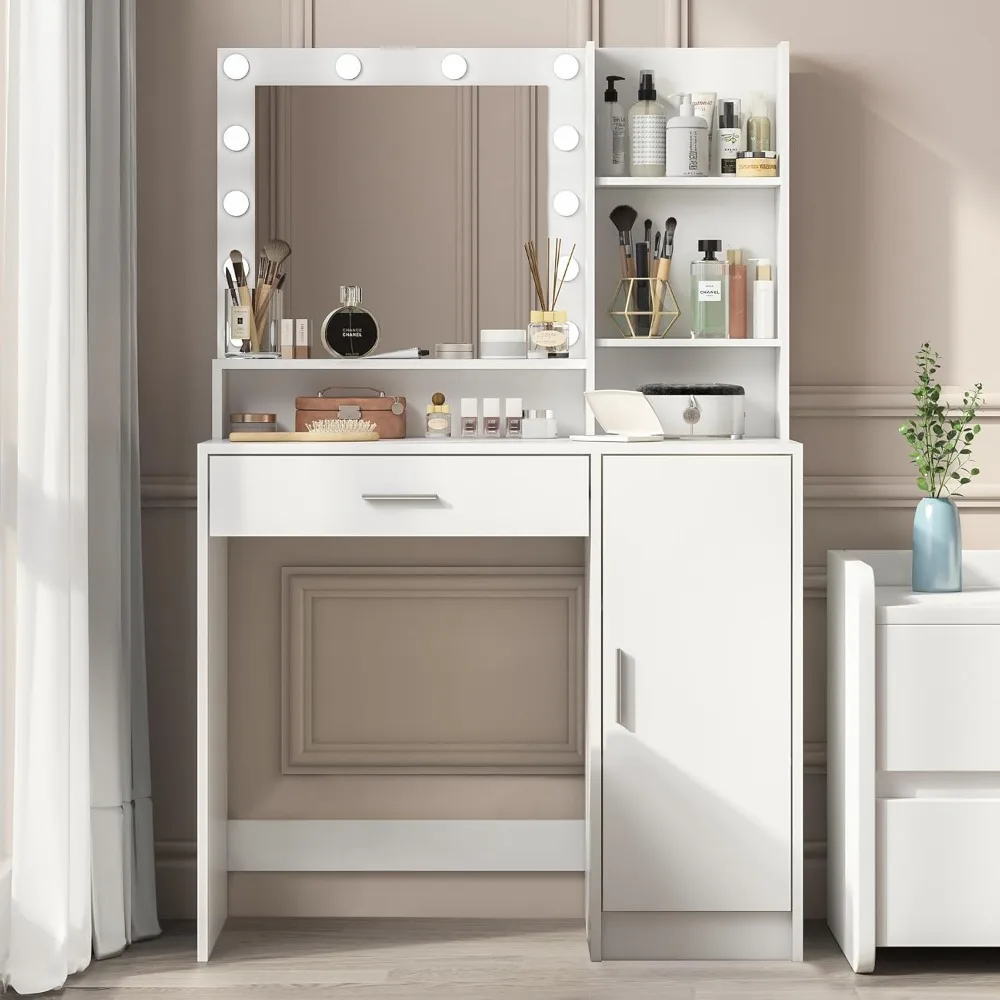Vanity Desk with Mirror & Light, Large Drawer & Three Level Storage Dresser, 3 Lighting Modes Adjustable Brightness